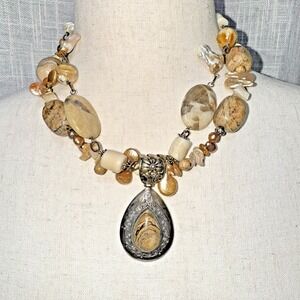 Vintage 2 Strand 925 Sterling Silver Jasper Teardrop Pendant Pearls MOP Necklace